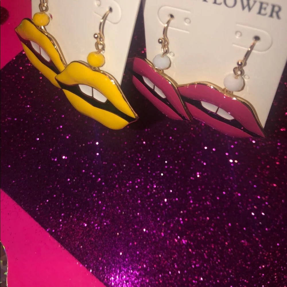 Yellow and pink and gold lip earrings